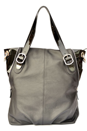 Geanta Isabela, gri cu negru lac, accesorii nichelate