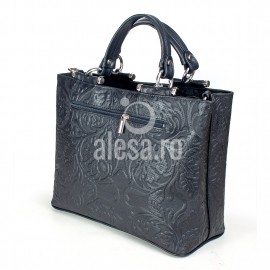 Geanta de dama neagra din piele cu frunze in relief, Lani