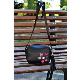 Poseta cross-body cu ornamente tip flori, poseta din piele